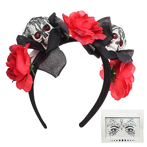 Diadema de Halloween, 1 diadema de calavera gótica y 1 pieza de joyería para la cara para mujer, disfraz de Halloween