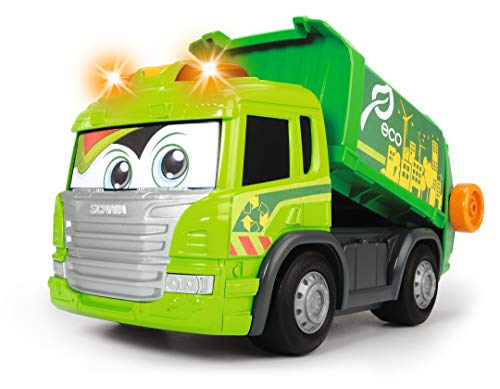 Dickie Toys Happy Series - Camión de Basura Motorizado Scania, con Cubo, Luz, Sonido y Plataforma Móvil, para Niños a partir de 2 Años - 25 cm
