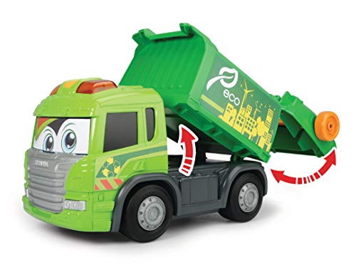Dickie Toys Happy Series - Camión de Basura Motorizado Scania, con Cubo, Luz, Sonido y Plataforma Móvil, para Niños a partir de 2 Años - 25 cm