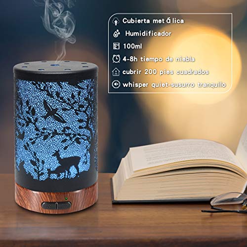 Difusor de Aceite Esenciales Difusor de Aromaterapia Humidificador Aceites Esenciales Ultrasónico Difusor de Aceites Automáticamente Apaga Cuando sin Agua 100ml