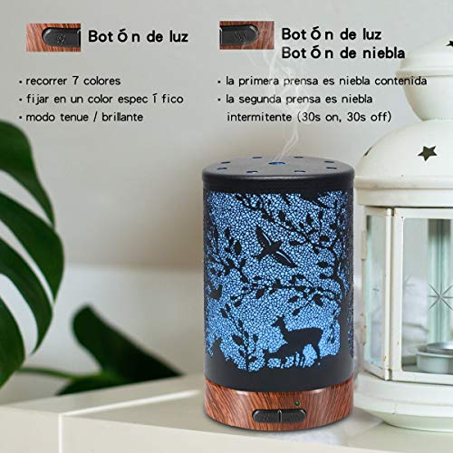 Difusor de Aceite Esenciales Difusor de Aromaterapia Humidificador Aceites Esenciales Ultrasónico Difusor de Aceites Automáticamente Apaga Cuando sin Agua 100ml