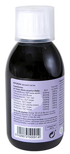 DIMEFAR - Depurdim - Drena + Detox + Control Peso - Cola de Caballo + Hibiscus + Diente de León + Ortosifón + Grama + Velosilla + Ortiga + Abedul, 200ml | Drenante | Detox | Eliminar Grasas