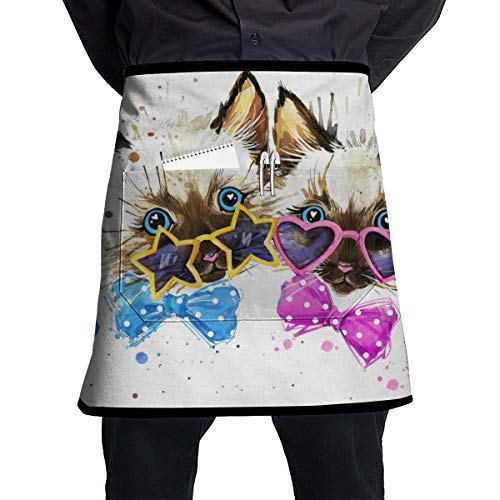 Dingl Dos Gatos Con Gafas Y Arcos 1 Pieza Ajustable De Media Longitud Delantal Bolsillo Para Hombres Y Mujeres En Cocina, Barbacoa Y Hornear