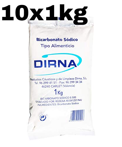 DIRNA Pack 10 x 1KG Bolsa - Bicarbonato de Sodio Alimenticio Excelente Alternativa para la Limpieza del hogar y Cuidado Personal. Limpieza ECOLÓGICA, Libre DE TÓXICOS Y ECONÓMICA. Promocion Envio 24H