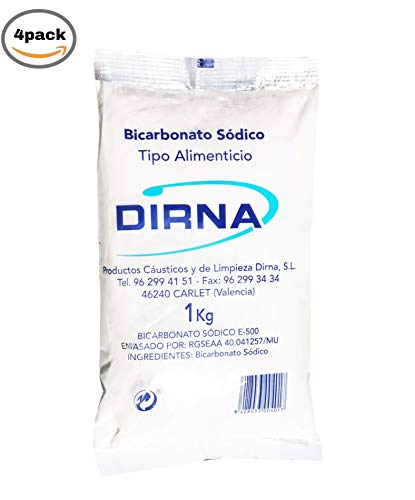 DIRNA Pack 4x1KG Bolsa - Bicarbonato de Sodio Alimenticio Excelente Alternativa para la Limpieza del hogar y Cuidado Personal. Limpieza ECOLÓGICA, Libre DE TÓXICOS Y ECONÓMICA. Promocion Envio 24H