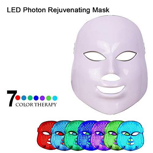 DNNAL Facial Instrumento De Belleza 7 Luz de Color Máscara LED Rejuvenecedor de la Piel Tratamiento casero SPA Rejuvenecimiento de la Piel Cuidado de la Belleza Masajeador,Blanco