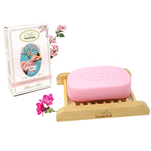 Dúo Jabonera De Madera Más Un Jabón Un Air D'Antan® /Aromático De Flor De Cerezo, Fresia/Aceite De Argán Orgánico/Manteca De Karité Orgánica, Sin Parabeno,100g/Regalo Mujer/Regalo Original