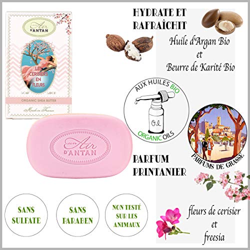 Dúo Jabonera De Madera Más Un Jabón Un Air D'Antan® /Aromático De Flor De Cerezo, Fresia/Aceite De Argán Orgánico/Manteca De Karité Orgánica, Sin Parabeno,100g/Regalo Mujer/Regalo Original