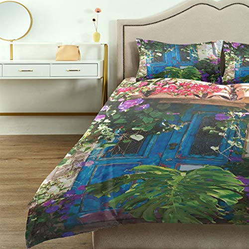 DYCBNESS Juego de Funda nórdica,Encanto de la Puerta Vieja con pétalos de Flores exóticas Cubiertas y Hojas Dena Lámina,Nuevo patrón de Microfibra Personalizado de 3 Piezas con 2 Fundas de Almohada