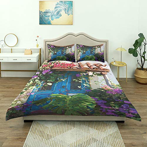 DYCBNESS Juego de Funda nórdica,Encanto de la Puerta Vieja con pétalos de Flores exóticas Cubiertas y Hojas Dena Lámina,Nuevo patrón de Microfibra Personalizado de 3 Piezas con 2 Fundas de Almohada