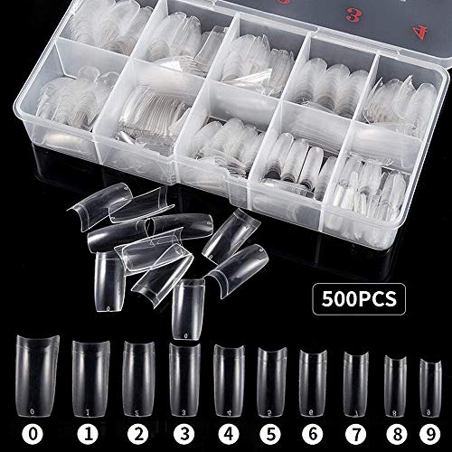 Ealicere 500 Piezas de Uñas Falsa Artificial Transparente 10 Tamaños Cubierta Completa Puntas Fake Art Nails Natural Francés Nails Tips