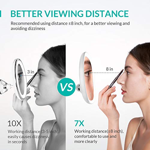 Easehold Espejo Baño con Luz y Ventosas Espejo de Maquillaje 7X Aumento Pared Cosmético y Afeitar Espejo Recargable