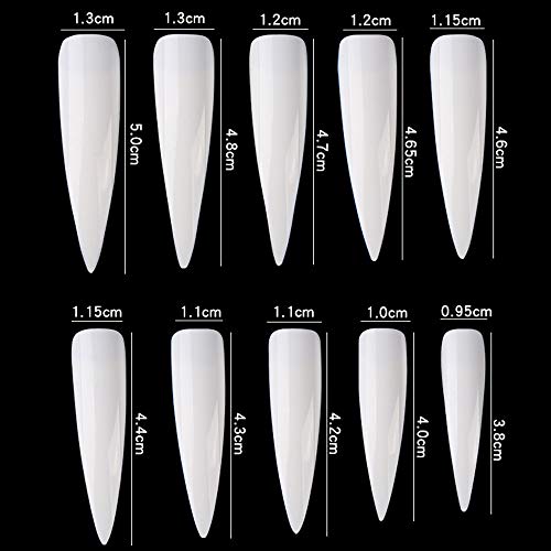Ebanku 500 piezas Largo Puntas de Uñas Postizas Estilete, 10 Tamaños Artificial de Acrílico de Falso Uñas Clavo Para Familia de Bricolaje o Uso Profesional del Salón