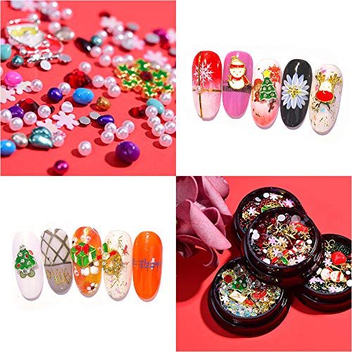 EBANKU 6 cajas de decoración de uñas 3D con diamantes de Navidad, Mixtas Diamantes De ImitacióN Cristales Coloridos Pernos De Metal Perlas Gemas Serie Temática Navideña 3D DIY DecoracióN de Uñas Arte