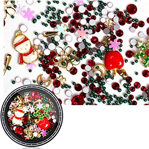 EBANKU 6 cajas de decoración de uñas 3D con diamantes de Navidad, Mixtas Diamantes De ImitacióN Cristales Coloridos Pernos De Metal Perlas Gemas Serie Temática Navideña 3D DIY DecoracióN de Uñas Arte