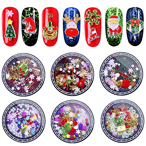 EBANKU 6 cajas de decoración de uñas 3D con diamantes de Navidad, Mixtas Diamantes De ImitacióN Cristales Coloridos Pernos De Metal Perlas Gemas Serie Temática Navideña 3D DIY DecoracióN de Uñas Arte