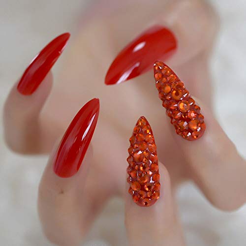 EchiQ Lujo 3D Sexy Rojo Rhinestones extra largo Sharp Stiletto uñas falsas puntas puntiagudo Stilettos Presionar en los dedos uñas cobertura completa