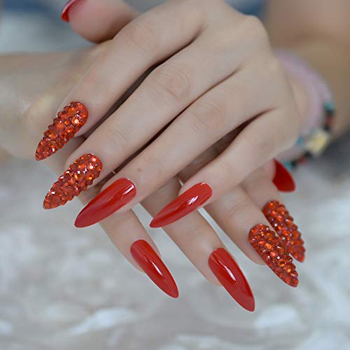 EchiQ Lujo 3D Sexy Rojo Rhinestones extra largo Sharp Stiletto uñas falsas puntas puntiagudo Stilettos Presionar en los dedos uñas cobertura completa