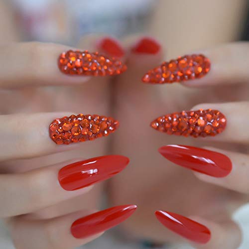 EchiQ Lujo 3D Sexy Rojo Rhinestones extra largo Sharp Stiletto uñas falsas puntas puntiagudo Stilettos Presionar en los dedos uñas cobertura completa