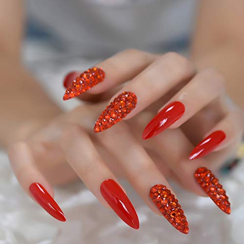 EchiQ Lujo 3D Sexy Rojo Rhinestones extra largo Sharp Stiletto uñas falsas puntas puntiagudo Stilettos Presionar en los dedos uñas cobertura completa