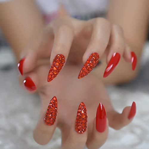 EchiQ Lujo 3D Sexy Rojo Rhinestones extra largo Sharp Stiletto uñas falsas puntas puntiagudo Stilettos Presionar en los dedos uñas cobertura completa
