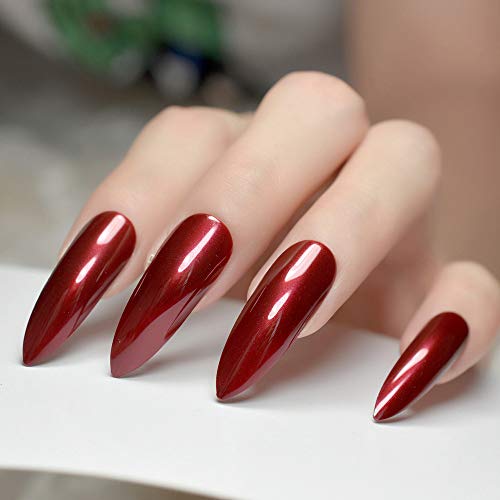 EchiQ - Puntas de uñas postizas afiladas extra largas de color rojo burdeos con puntas de Stilettos UV Gel Salon Party Press on Fake Nail Art