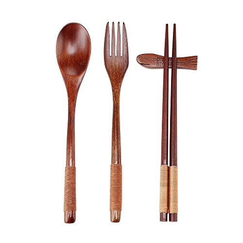 Ecloud Shop® Conjuntos naturales Mesa de madera de 5 piezas (1 cuchara, 1 palillos, 1 tenedor, 1 soporte de palitos, 1 Patrón Vajilla bolsa de estilo japonés Rojo Negro)