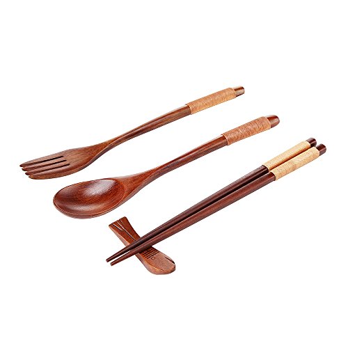 Ecloud Shop® Conjuntos naturales Mesa de madera de 5 piezas (1 cuchara, 1 palillos, 1 tenedor, 1 soporte de palitos, 1 Patrón Vajilla bolsa de estilo japonés Rojo Negro)