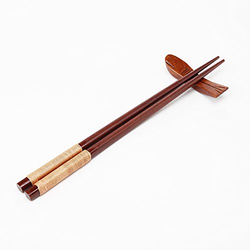 Ecloud Shop® Conjuntos naturales Mesa de madera de 5 piezas (1 cuchara, 1 palillos, 1 tenedor, 1 soporte de palitos, 1 Patrón Vajilla bolsa de estilo japonés Rojo Negro)