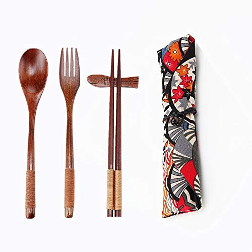 Ecloud Shop® Conjuntos naturales Mesa de madera de 5 piezas (1 cuchara, 1 palillos, 1 tenedor, 1 soporte de palitos, 1 Patrón Vajilla bolsa de estilo japonés Rojo Negro)