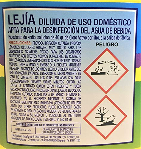 El Galgo Lejía Caja de 15 Botellas de 1 litro (15 litros). Hipoclorito de Sodio, con una solución de 40 gr. de Cloro Activo por litro.