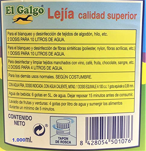 El Galgo Lejía Caja de 15 Botellas de 1 litro (15 litros). Hipoclorito de Sodio, con una solución de 40 gr. de Cloro Activo por litro.