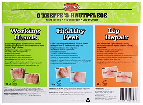 El set de regalo de O'Keeffe, incluye 1 crema de manos Working Hands, 1 crema para pies Healthy Feet, 1 bálsamo labial sin perfume.