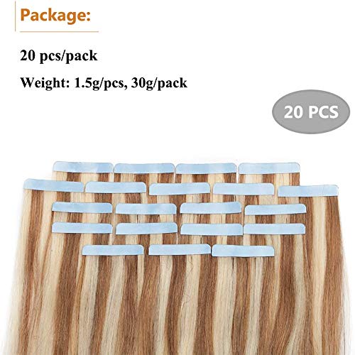 Elailite 20 Piezas Extensiones de Cabello Natural Adhesivas Remy Pelo Humano - 30 cm #12P613 Castaño Dorado Mecha Rubio Muy Claro Tape in Hair Extension Lisa - 30g (1.5g/pieza)