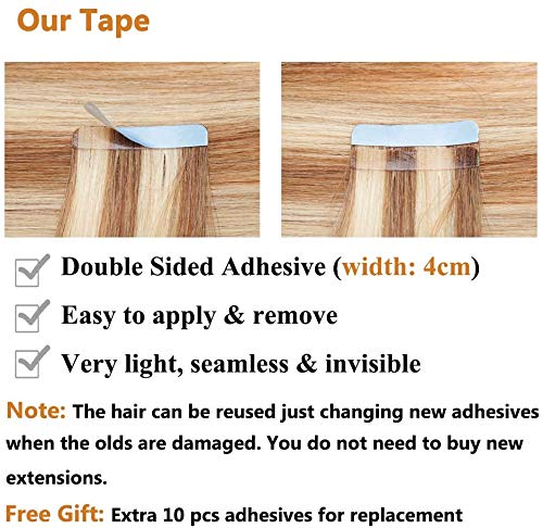 Elailite 20 Piezas Extensiones de Cabello Natural Adhesivas Remy Pelo Humano - 30 cm #12P613 Castaño Dorado Mecha Rubio Muy Claro Tape in Hair Extension Lisa - 30g (1.5g/pieza)