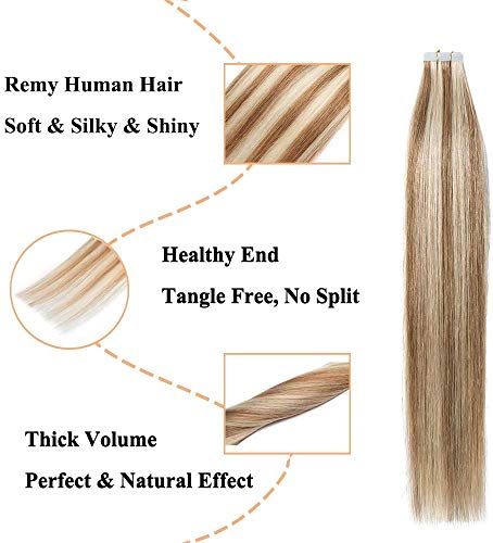 Elailite 20 Piezas Extensiones de Cabello Natural Adhesivas Remy Pelo Humano - 30 cm #12P613 Castaño Dorado Mecha Rubio Muy Claro Tape in Hair Extension Lisa - 30g (1.5g/pieza)