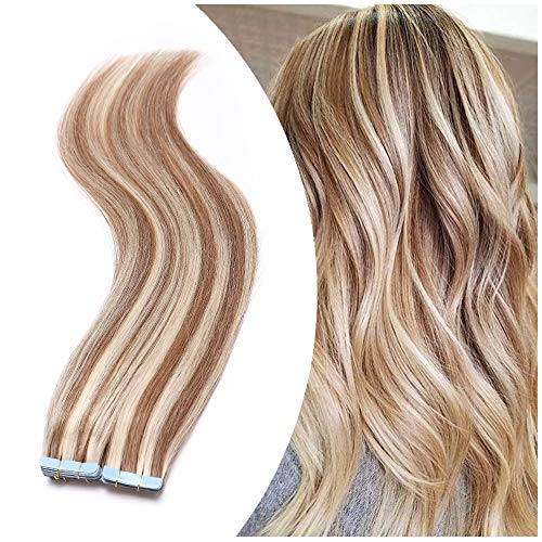 Elailite 20 Piezas Extensiones de Cabello Natural Adhesivas Remy Pelo Humano - 30 cm #12P613 Castaño Dorado Mecha Rubio Muy Claro Tape in Hair Extension Lisa - 30g (1.5g/pieza)