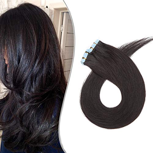 Elailite® Extensiones Adhesivas Pelo Natural de Cabello Humano Balayage - 40 cm #1B Negro Natural (2.5g 10 Piezas) - Tape in 100% Remy Human Hair Lisa Brasileñas Liso