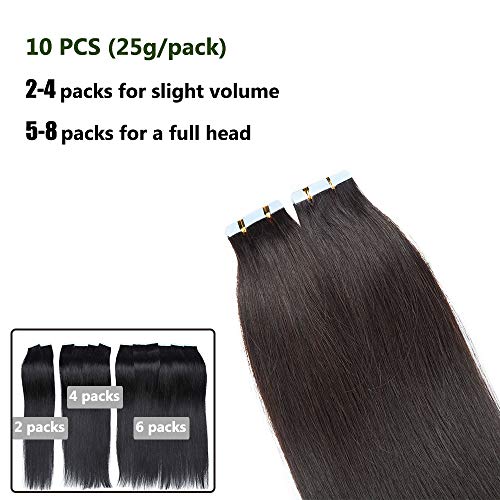 Elailite® Extensiones Adhesivas Pelo Natural de Cabello Humano Balayage - 40 cm #1B Negro Natural (2.5g 10 Piezas) - Tape in 100% Remy Human Hair Lisa Brasileñas Liso