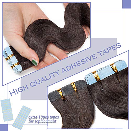 Elailite Extensiones de Cabello Natural Adhesivas Rizadas Remy Pelo Humano - 55 cm #02 Castaño Oscuro [Body Wave] - 50g (2.5g/pieza) Tape in Hair Extension Ondulada