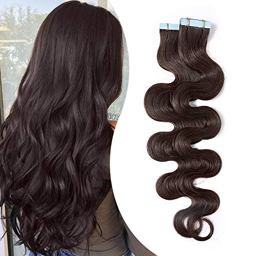 Elailite Extensiones de Cabello Natural Adhesivas Rizadas Remy Pelo Humano - 55 cm #02 Castaño Oscuro [Body Wave] - 50g (2.5g/pieza) Tape in Hair Extension Ondulada