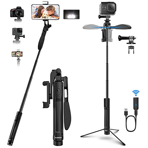 ELEGIANT Palo Selfie Trípode, Selfie Stick Bleutooth Móvil Aluminio 4-EN-1 Giratorio 360 ° con Mango Balance de Video + Control Remoto + Luz LED para Gopro, Teléfono Inteligente Menos de 6.8 Pulgadas