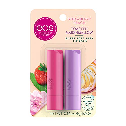 Eos Bálsamo labial de karité súper suave – Melocotón de fresa y malvavisco tostado, hidratación de 24 horas, cuidado de los labios para hidratar los labios secos, sin gluten, 4 g | 2 unidades