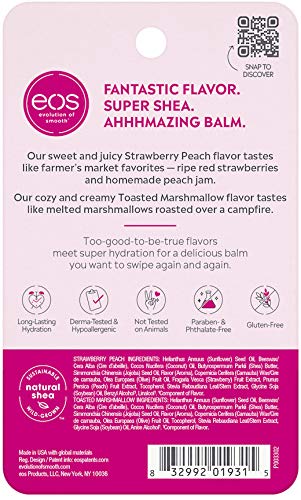 Eos Bálsamo labial de karité súper suave – Melocotón de fresa y malvavisco tostado, hidratación de 24 horas, cuidado de los labios para hidratar los labios secos, sin gluten, 4 g | 2 unidades