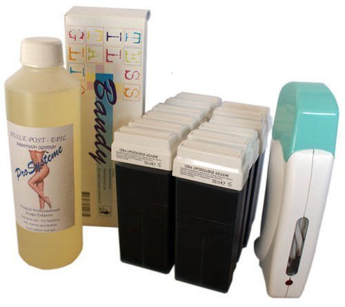 Epilwax Kit Depilacion Calentador de Cera Roll On Tibia Fundidor Electrico Profesional Easy Wax Depilación con Bandas : con 12 Cartuchos roll-on de Cera Azuleno de 100 ml, 1 Paquete de 100 Bandas Depilatorias y una botella de 250 ml de aceite post- Depila
