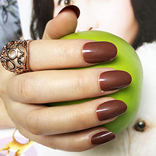 Esmalte De Uñas Falso Redondo Natural Brillo Café Oscuro Uñas Francesas Puntas De Manicura Redondas Cortas 24 Piezas