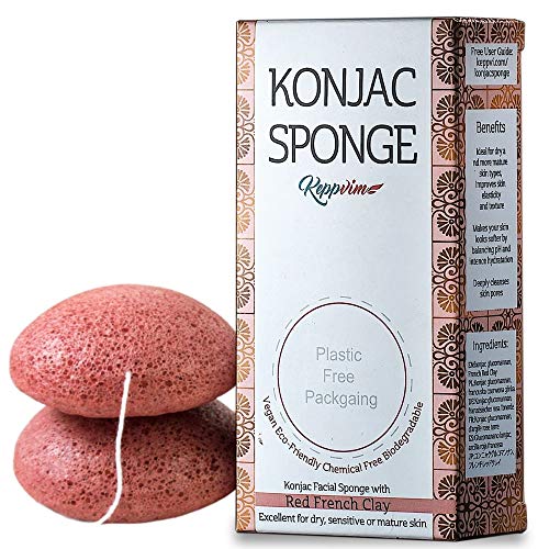 Esponja Konjac Facial Arcilla Roja Francesa - para pieles maduras y cansadas - 100% natural, vegan, sostenible, biodegradable