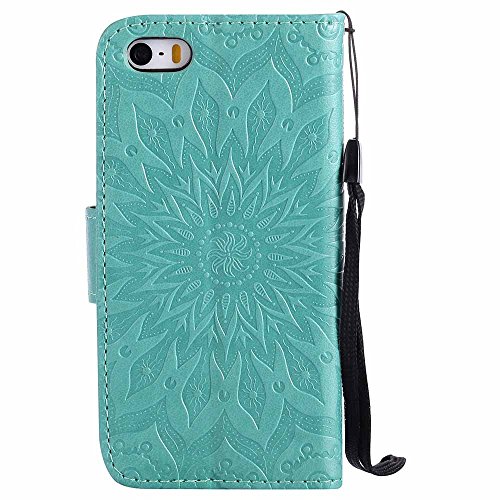 ESSTORE-EU - Funda cartera genuina de cuero con apertura magnética para SE / 5S / 6s / 6 / iPhone7 / iPhone7 Plus [con cargador USB gratis], color verde
