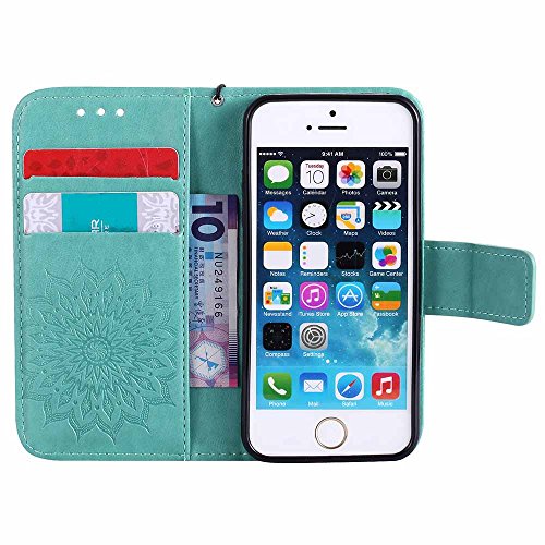 ESSTORE-EU - Funda cartera genuina de cuero con apertura magnética para SE / 5S / 6s / 6 / iPhone7 / iPhone7 Plus [con cargador USB gratis], color verde