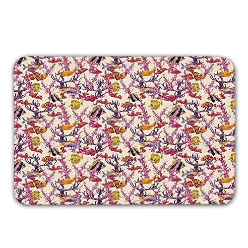 Estera para acuarelas en la puerta delantera, algas inspiradas a la vendimia, alga coralina y pez Ilustración, tapete de baño retro con tema de acuario para alfombras de baño interiores o exteriores